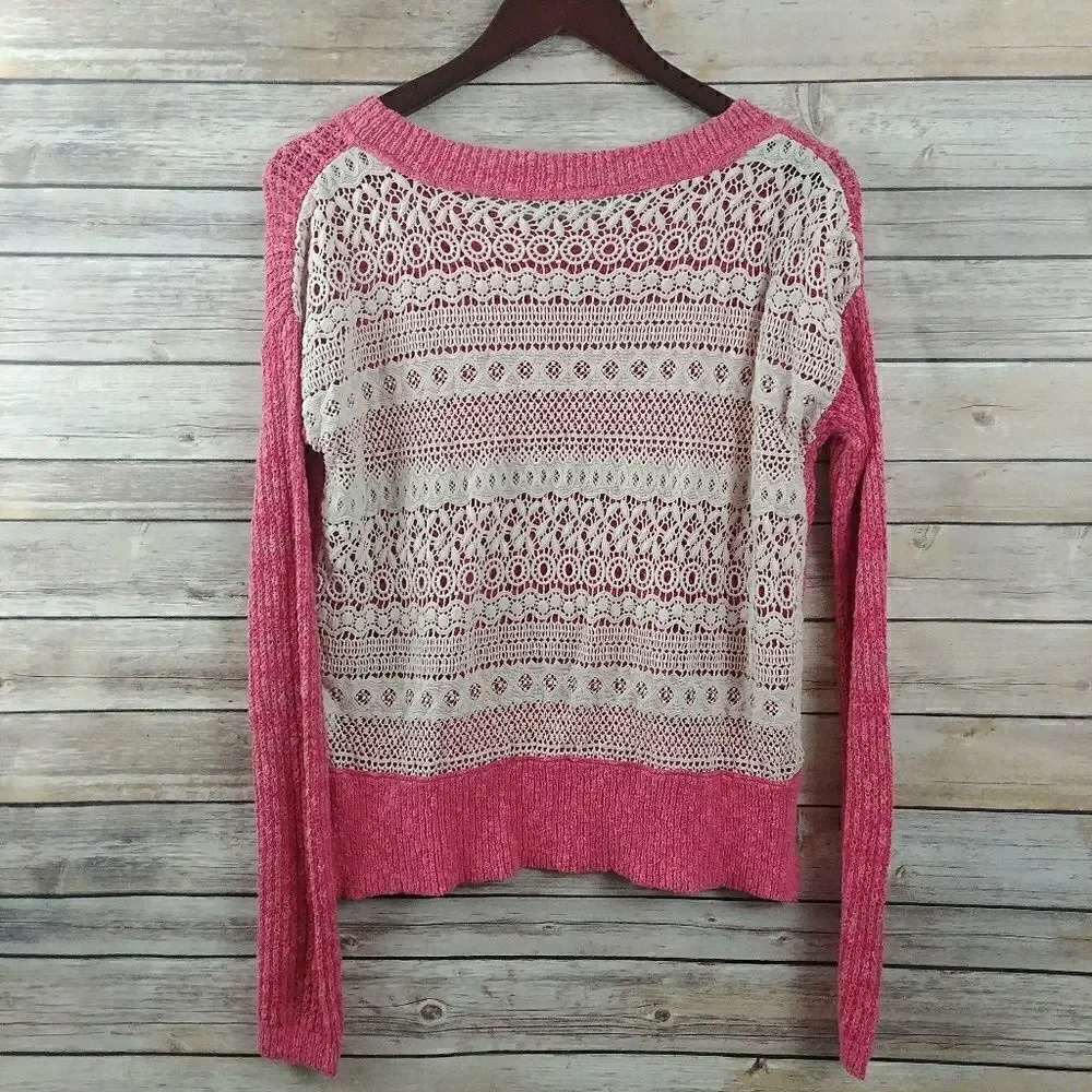 Free People Womens Lace Back Embroidered Sweater Top Pink XS